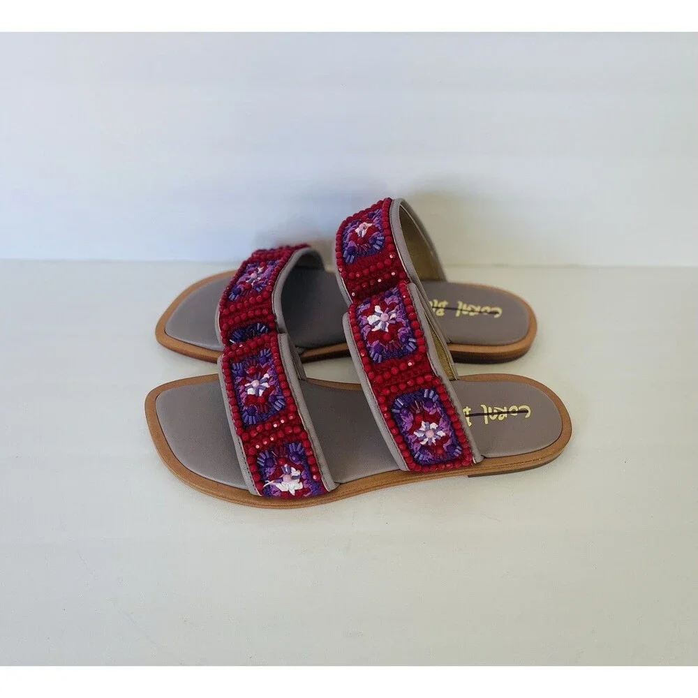 Anthropologie Coral Blue Purple Red Granny Square Flats Embroidery Bead Sandal 9